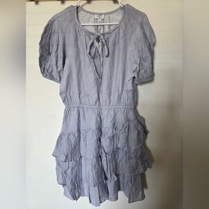 Current Air Light Gray Tiered Ruffle Dress Puff Sleeve Front Tie Sz Small